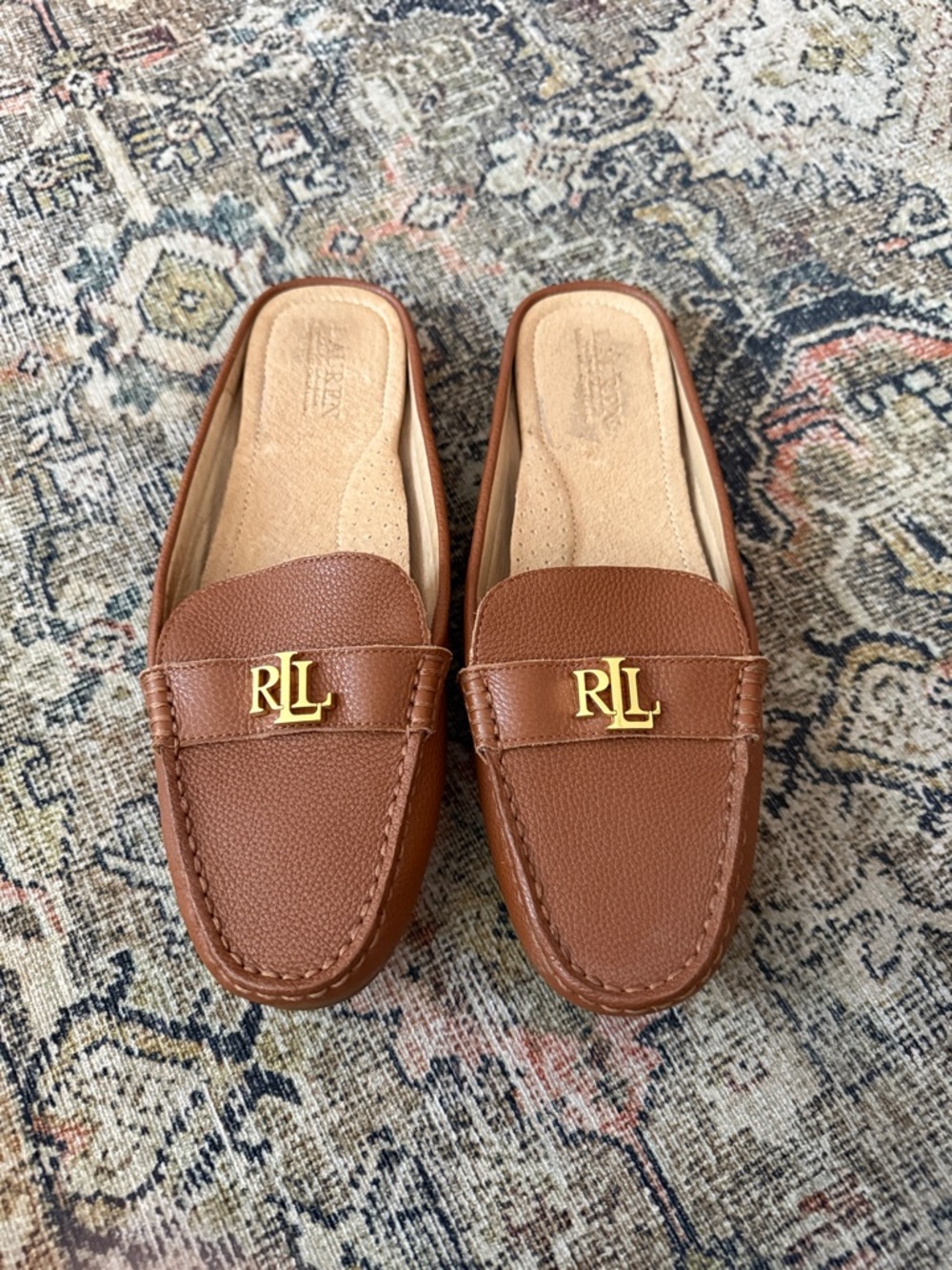 Lauren Ralph Lauren Barnsbury Pebbled Tan Leather Backless Mules Size 8 - Picture 2 of 5